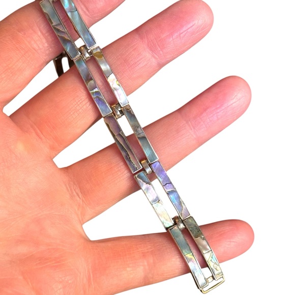 Taxco Jewelry - TAXCO MEXICO VINTAGE ABALONE INLAY STERLING SILVER MODERNIST 7" PANEL BRACELET